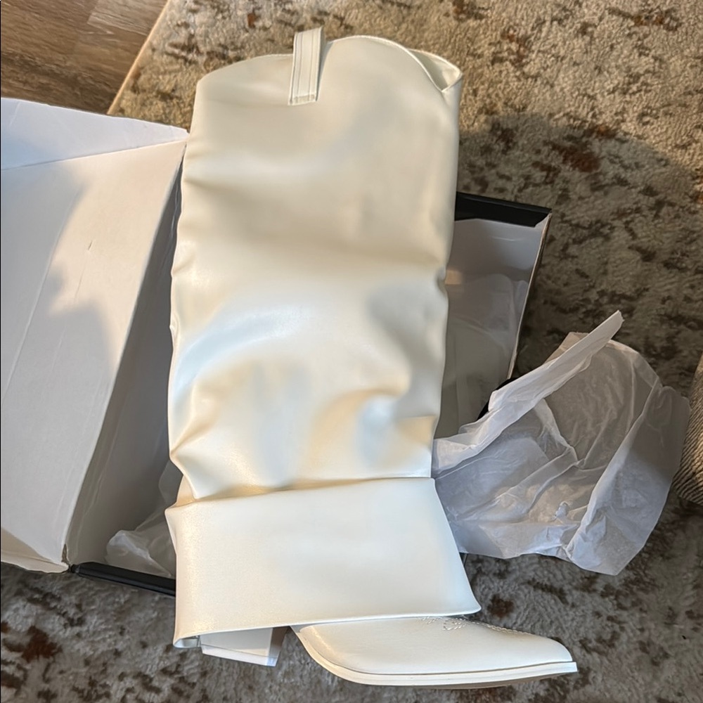 Fashion Nova Cream Heeled Boots with Slouchy Style